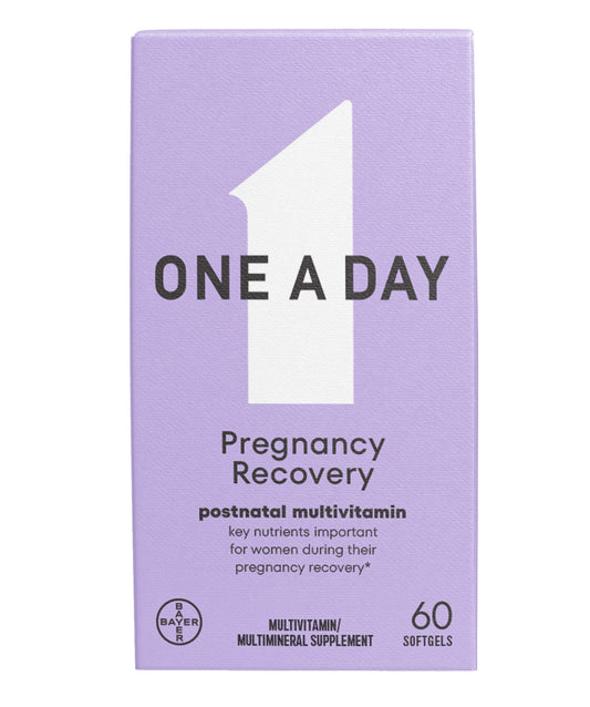 Caja de multivitamínico posnatal ONE A DAY con 60 unidades, empaque violeta.