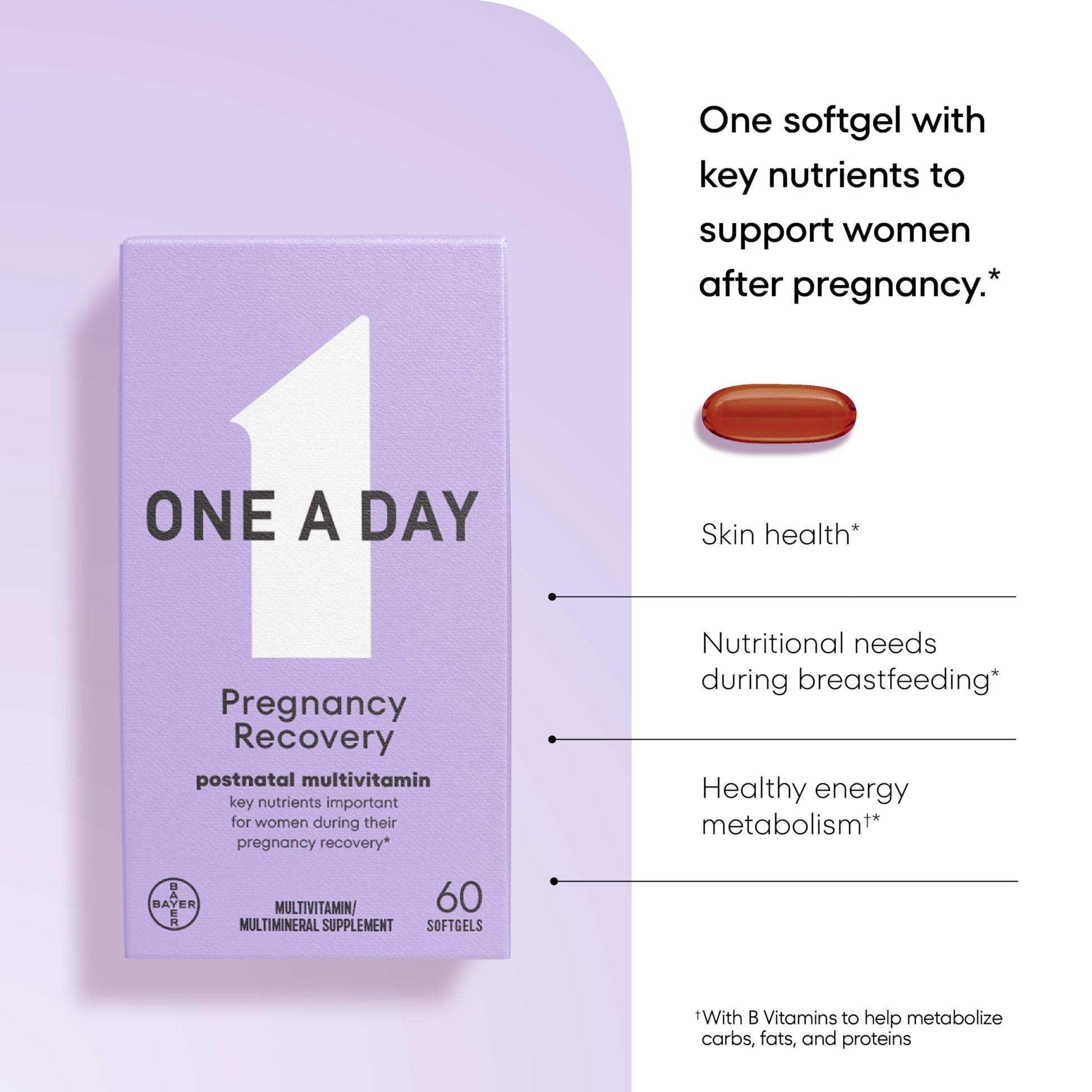 One A Day softgel apoyando a la salud y energía postembarazo en madres.