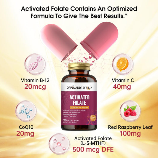 Oppuland cápsulas vegetales folato L-5-MTHF 500 mcg apoyo salud corazón