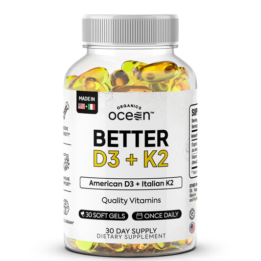 Frasco de suplementos Organics Ocean Better D3 K2 para salud ósea