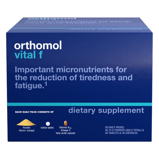 Caja de Orthomol Vital F con micronutrientes para combatir la fatiga