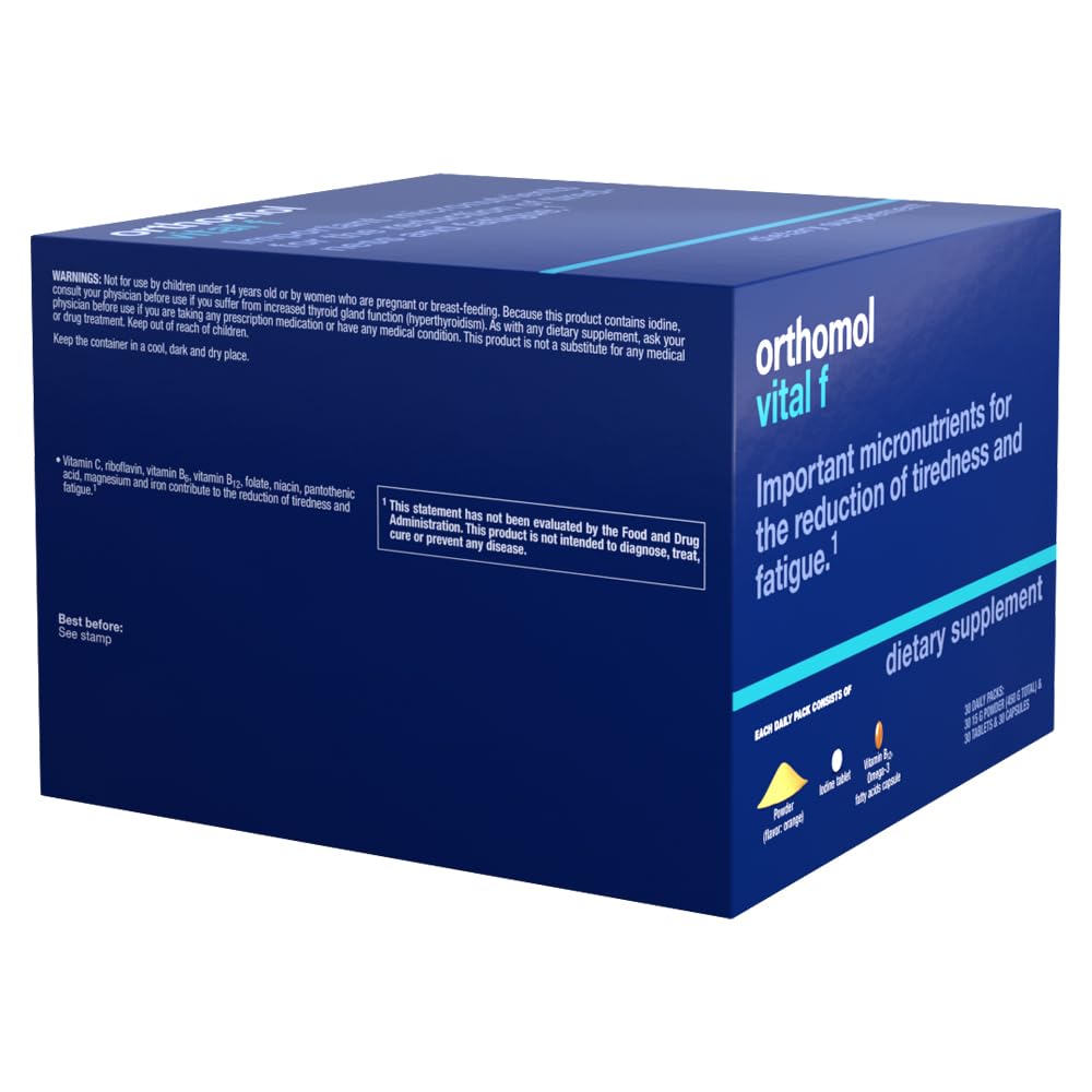 Caja inclinada de Orthomol Vital F con detalles nutricionales