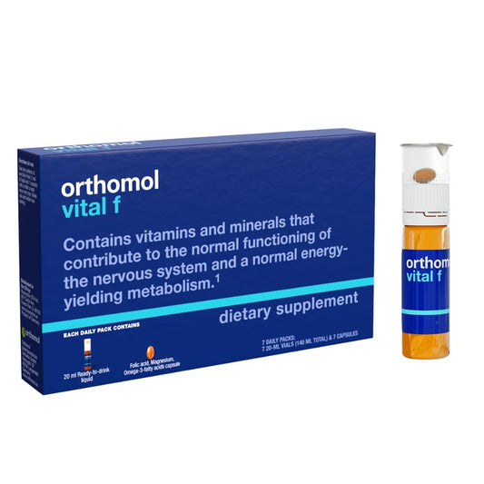 Caja de Orthomol Vital F, suplemento multivitamínico para mujeres.