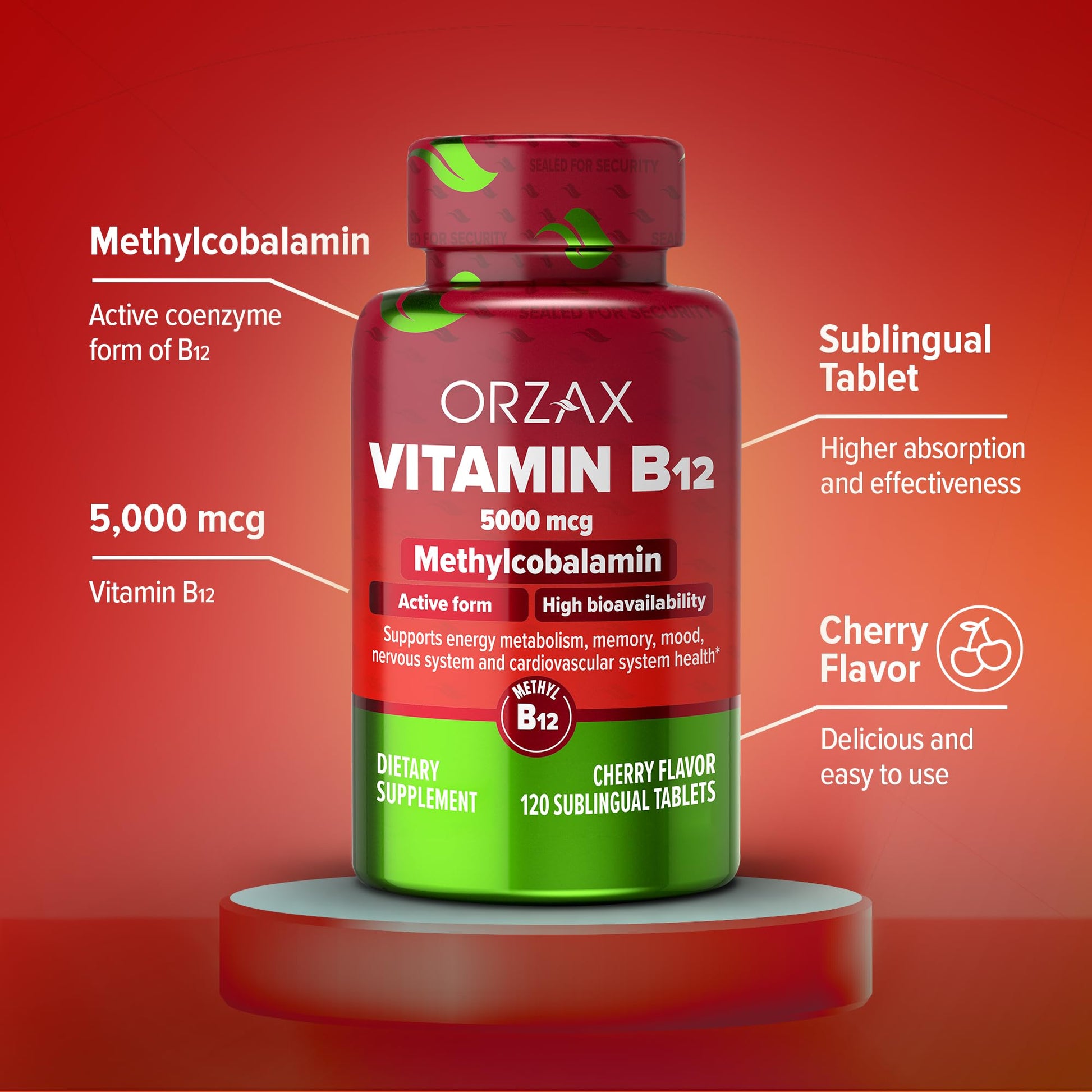 ORZAX botella vitamina b12 5000 mcg sabor cereza 120 tabletas vegano