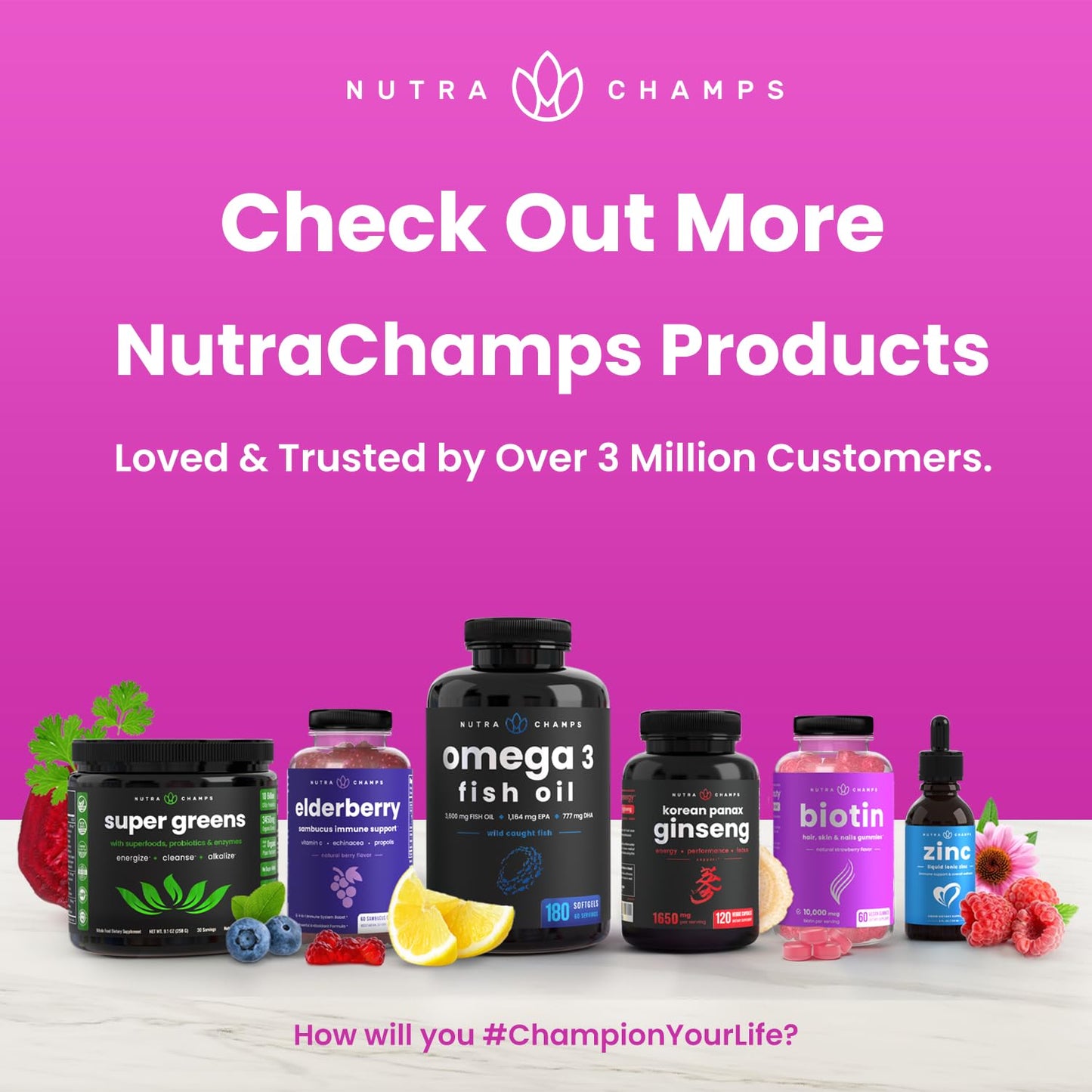 Otros productos de NutraChamps junto a las vitaminas gomitas.