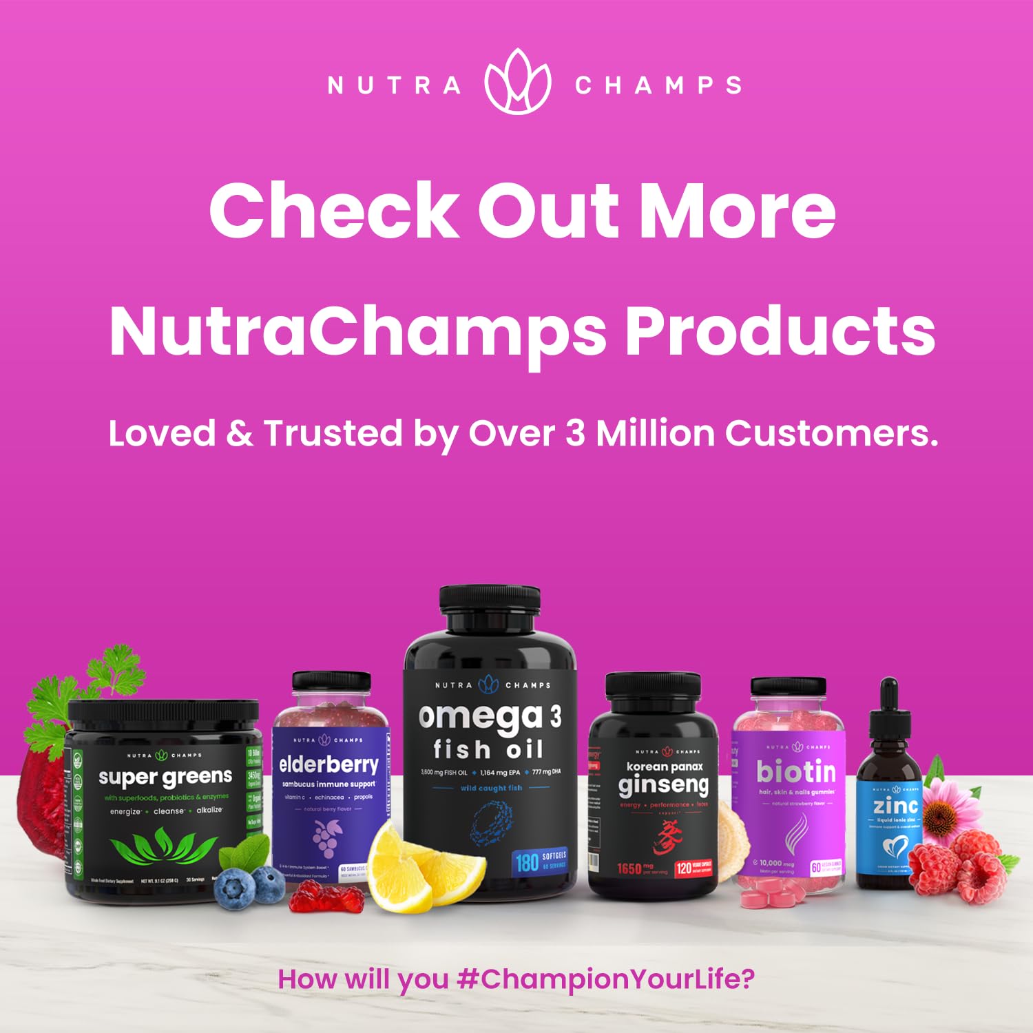 Otros productos de NutraChamps junto a las vitaminas gomitas.