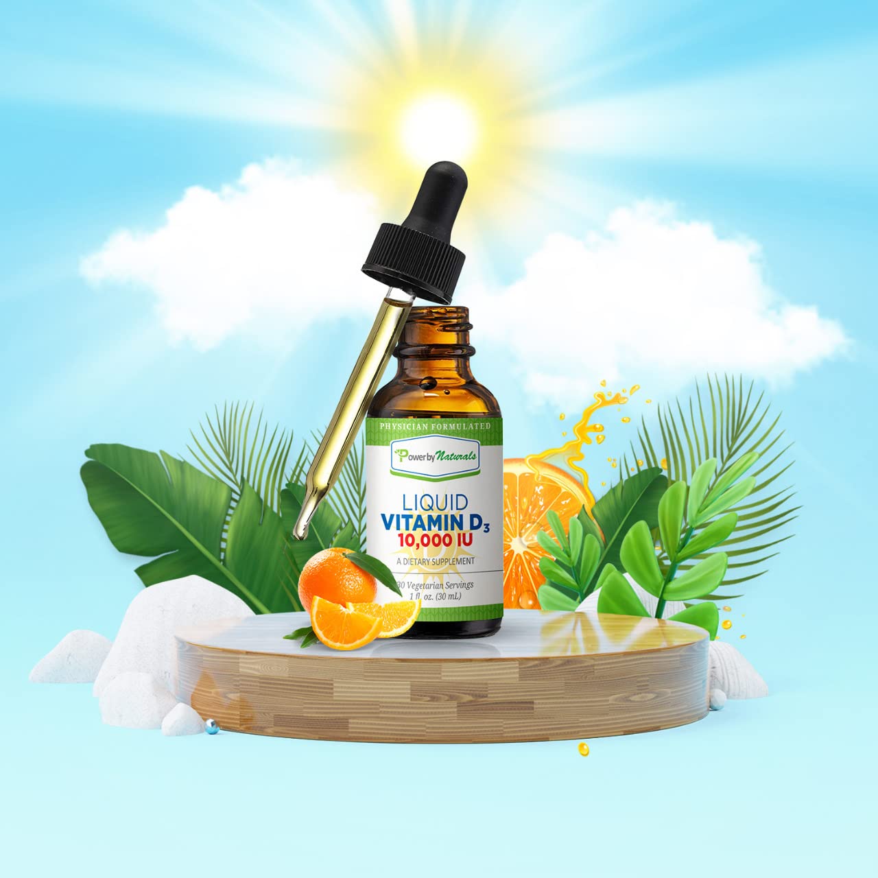 Packaging gotas líquidas vitamina D3 Power By Naturals sabor naranja
