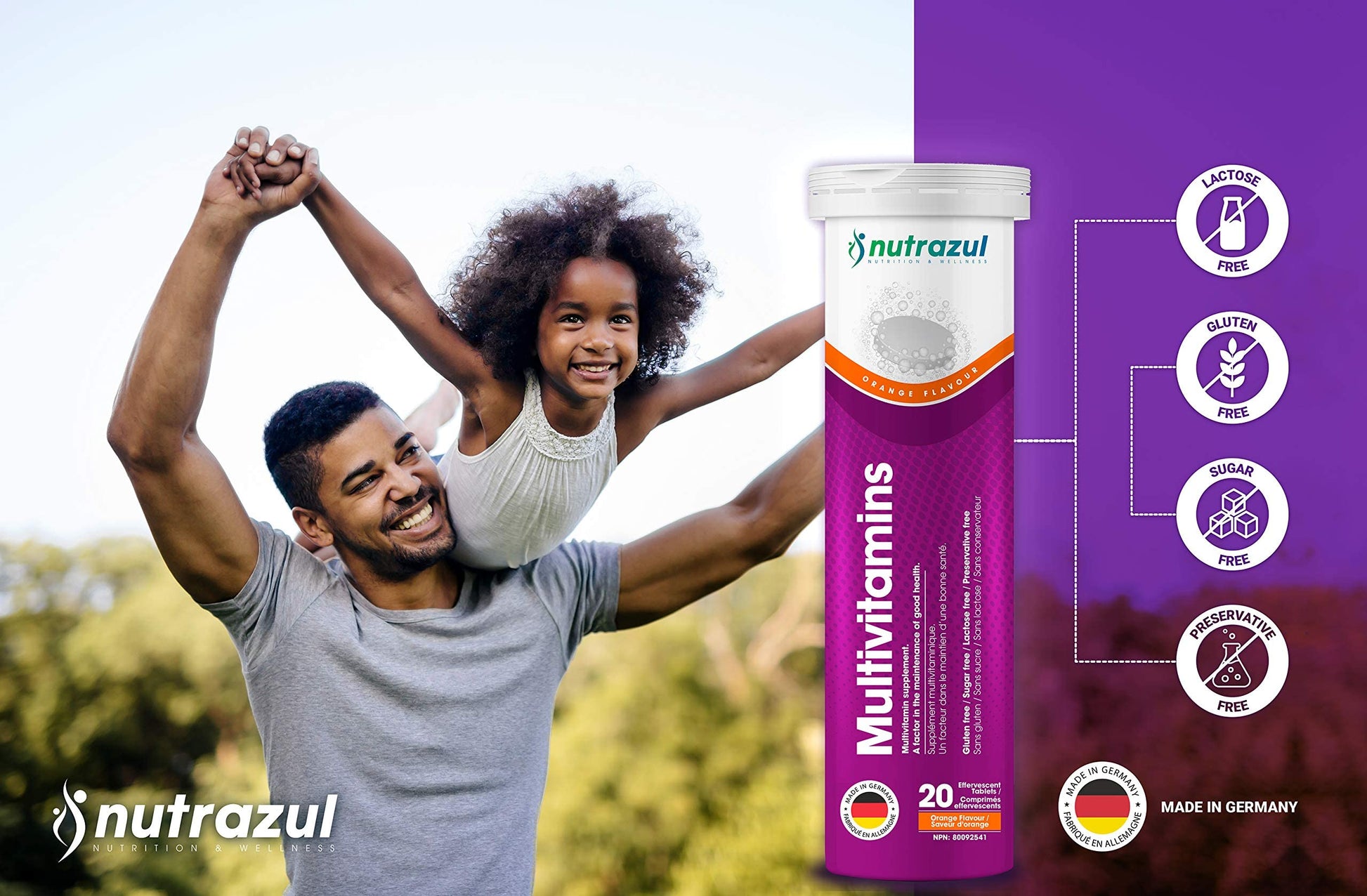 Padre e hija mostrando multivitaminas nutrazul.