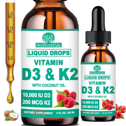 Paquete de 2 gotas líquidas vitamina D3 K2 WellVeraVida para salud ósea