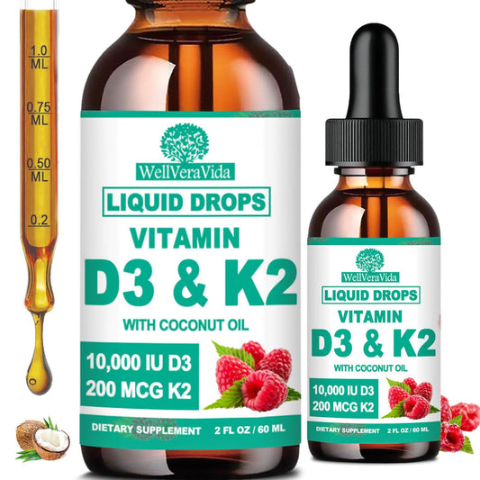 Paquete de 2 gotas líquidas vitamina D3 K2 WellVeraVida para salud ósea