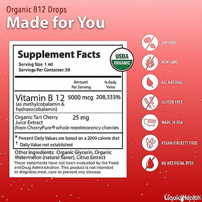 Paquete de 2 gotas vitaminas líquidas B12 orgánicas LiquidHealth