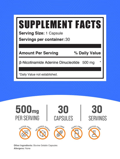 Paquete 30 cápsulas NAD BulkSupplements para salud diario