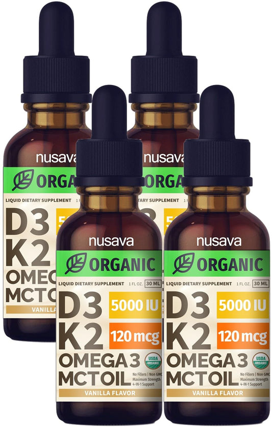 Paquete de 4 frascos gotas vitamina D3 K2 NUSAVA sabor vainilla