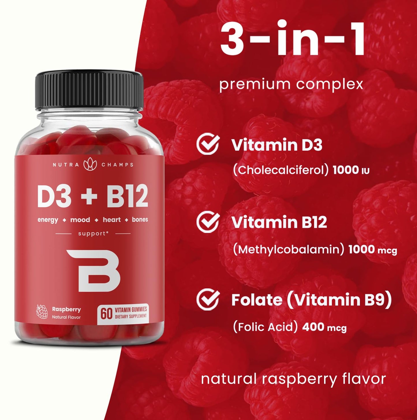 Paquete 60 gomitas NutraChamps vitamina d3 b12 sabor frambuesa