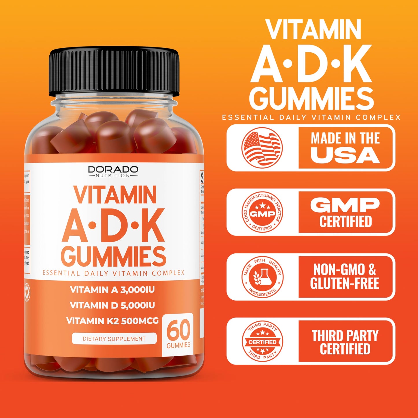 Paquete 60 gomitas vitamina D3 K2 ADK sin azúcar