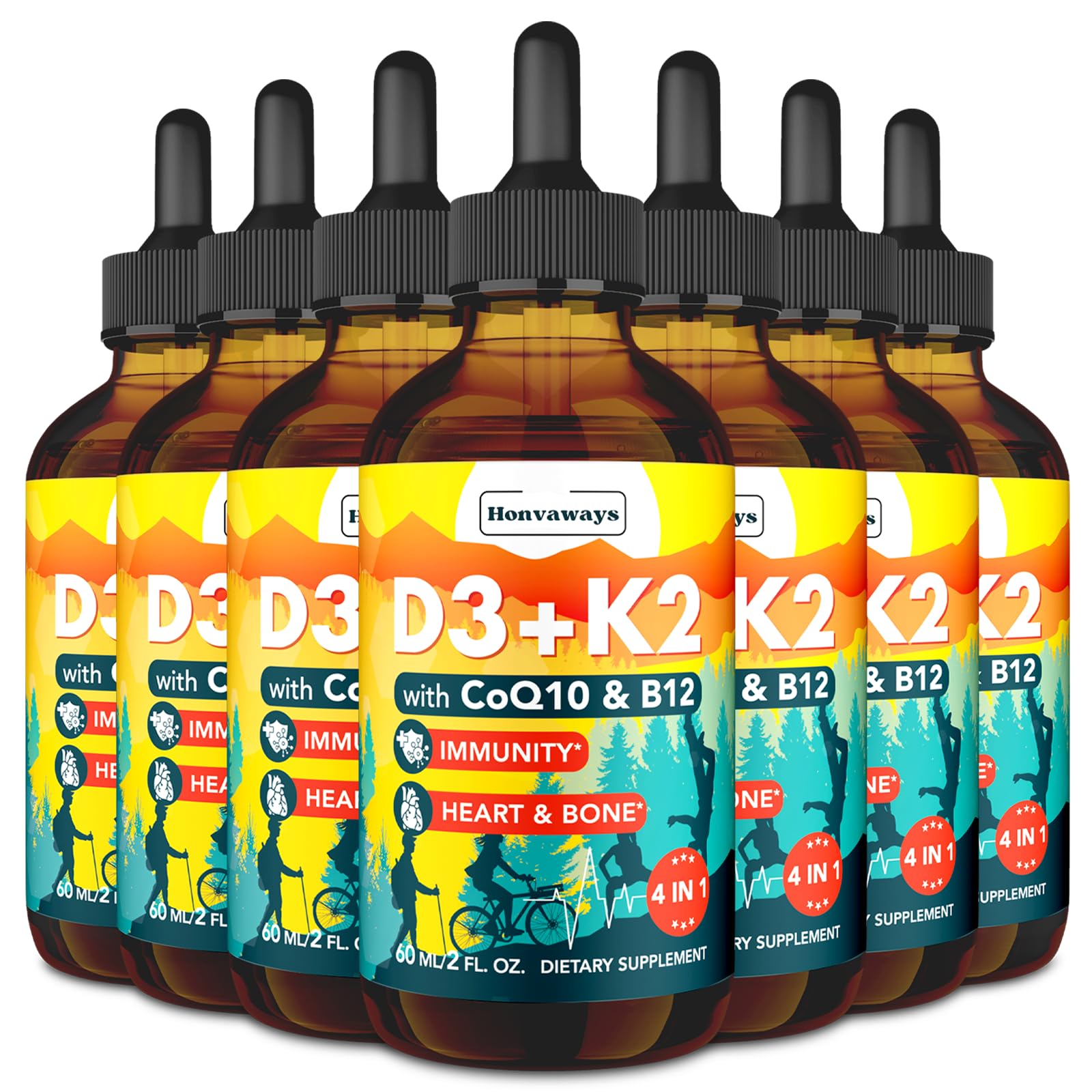 Paquete de 7 botellas gotas líquidas vitamina D3 K2 Honvaways