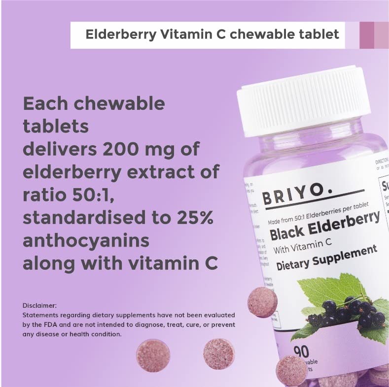 Paquete 90 tabletas masticables Briyo Elderberry Plus Vitamina C