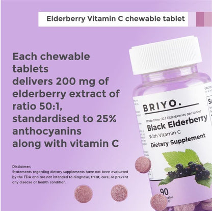 Paquete 90 tabletas masticables Briyo Elderberry Plus Vitamina C