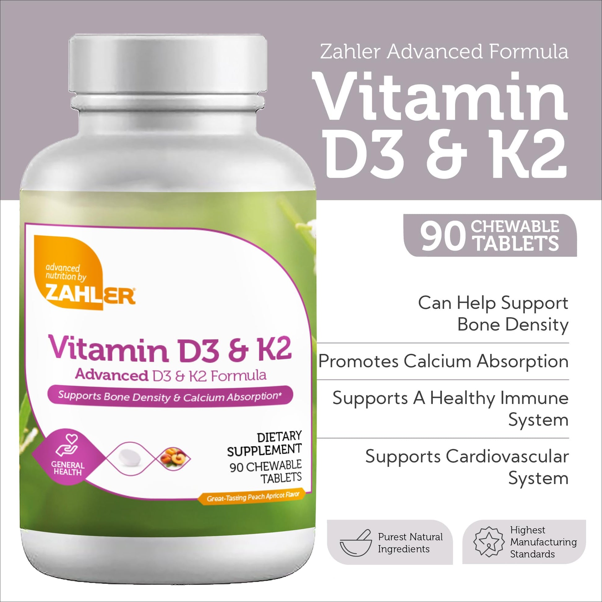 Paquete de 90 tabletas masticables vitamina D3 y K2 Zahler