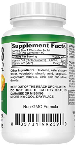 Paquete de 90 tabletas de vitamina D3 y K2 de Great Lakes.