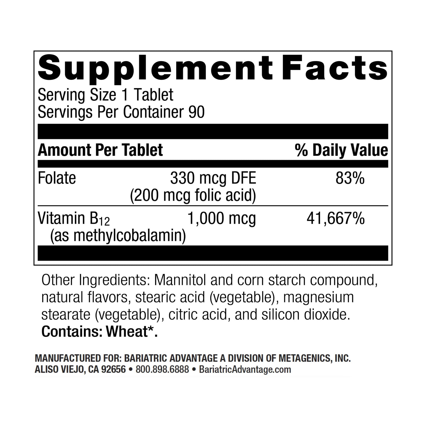 Paquete de 90 unidades vitamina b12 Bariatric Advantage