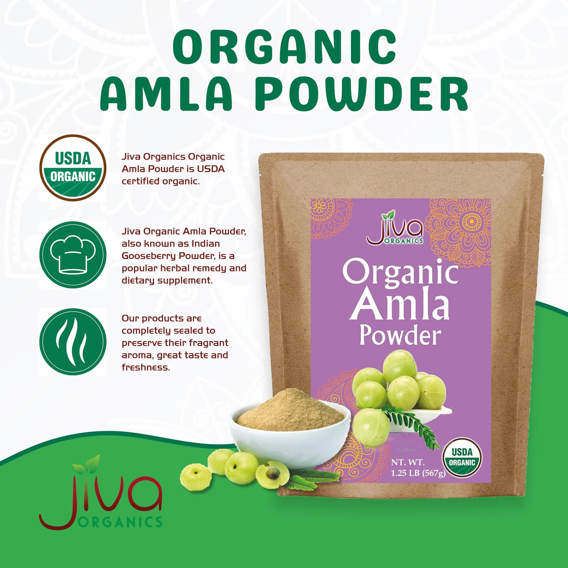 Paquete a granel polvo amla Jiva Organics vitamina c 1.25 libras