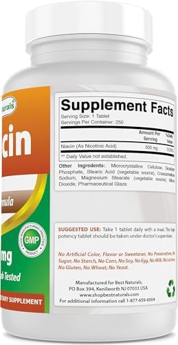 Paquete abierto de tabletas de Niacina Best Naturals 500 mg