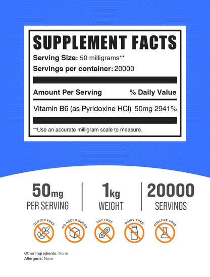 Paquete BulkSupplements polvo B6 50mg sin gluten para energía