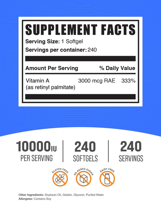 Paquete BulkSupplements vitamina A cápsulas blandas sin gluten 240 unidades