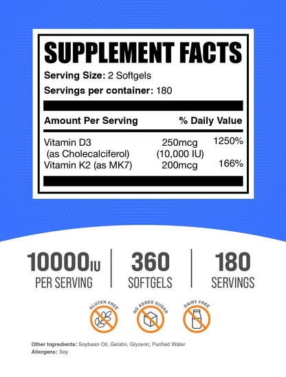 Paquete BulkSupplements Vitamina D3 K2 cápsulas