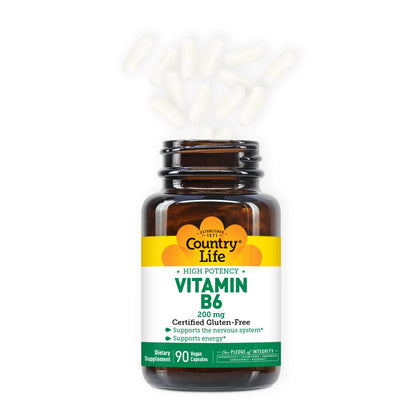 Paquete cápsulas Vitamina B6 Country Life sin gluten vegano