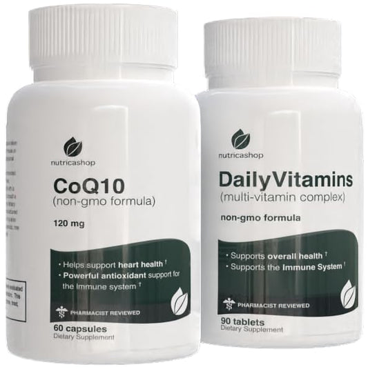 Paquete CoQ10 y multivitaminas NUTRICASHOP para salud cardiovascular y antioxidante