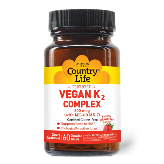 Paquete Country Life vitamina K2 vegana 500 mcg sabor fresa 60 tabletas