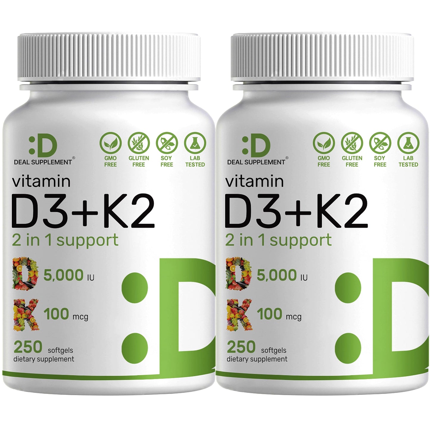 Paquete DEAL SUPPLEMENT 2 botellas vitamina D3 K2 250 cápsulas cada