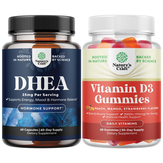 Paquete DHEA 25mg y gummies Vitamina D3 Natures Craft