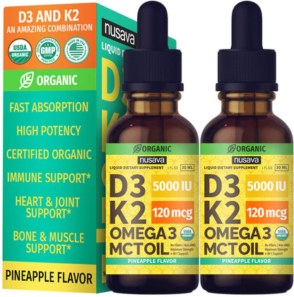 Paquete doble gotas líquidas NUSAVA Vitamina D3 K2 sabor piña