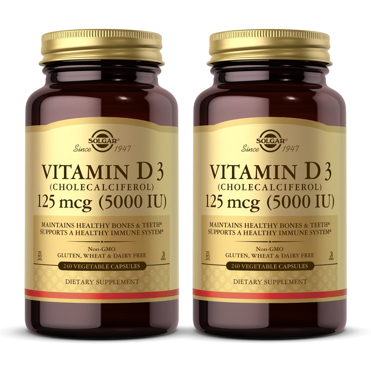 Paquete doble SOLGAR vitamina D3 5000 IU 240 cápsulas vegetales