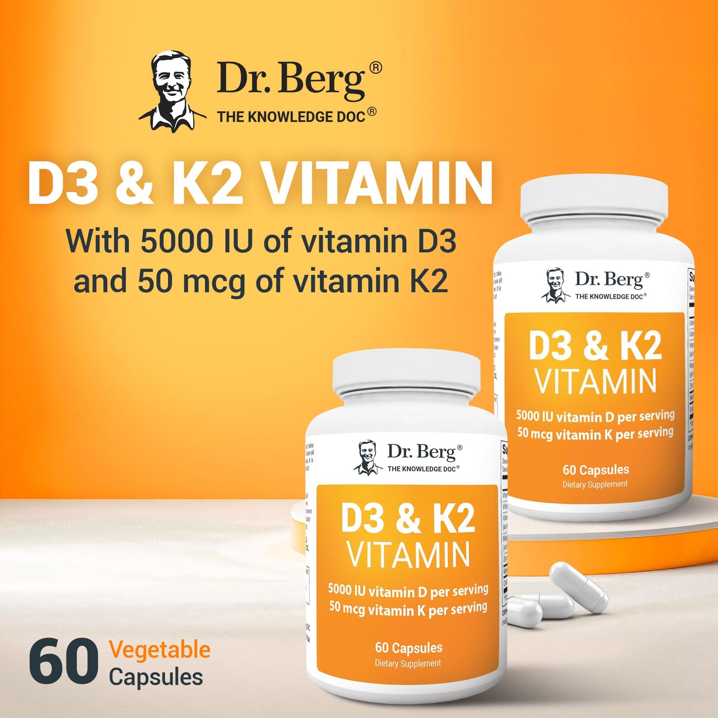 Paquete y frasco Dr. Berg suplemento vitamina D3 K2 60 cápsulas