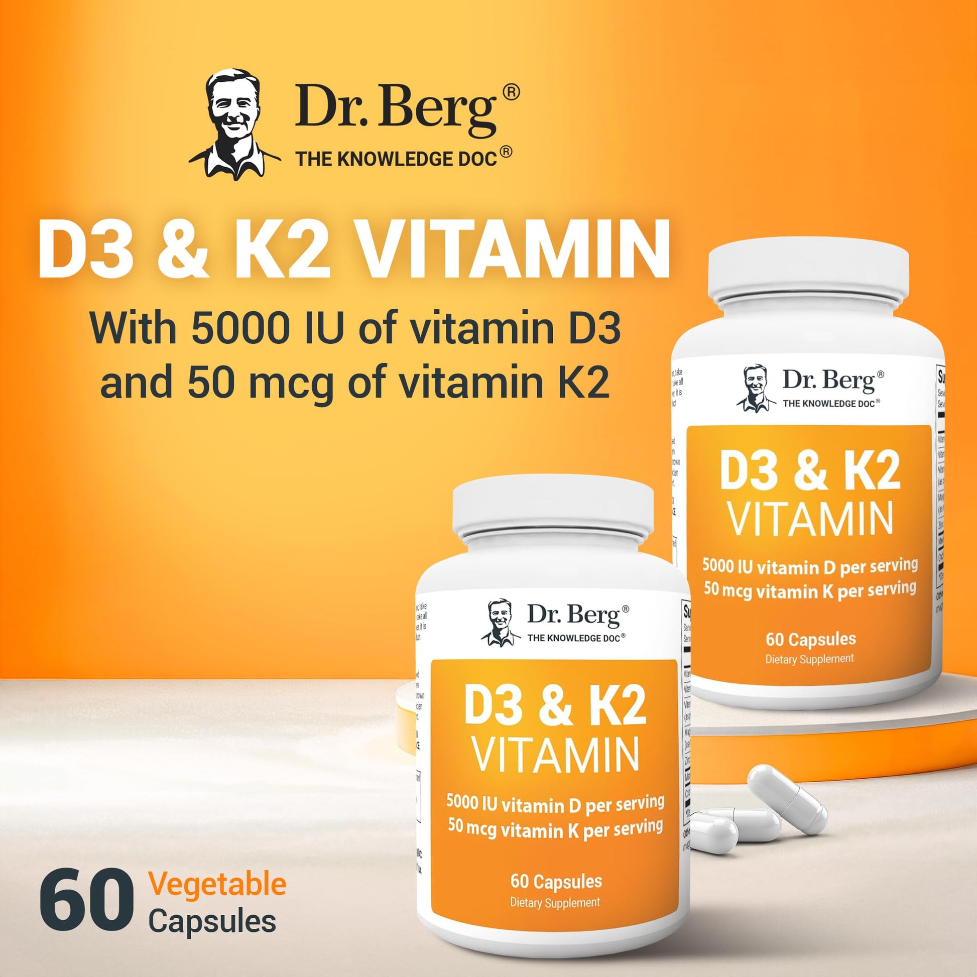 Paquete y frasco Dr. Berg suplemento vitamina D3 K2 60 cápsulas