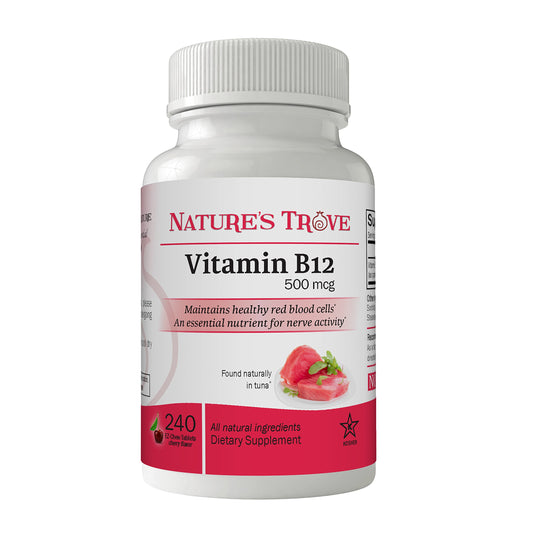 Paquete frontal Nature's Trove vitamina B12 500 mcg 240 tabletas masticables