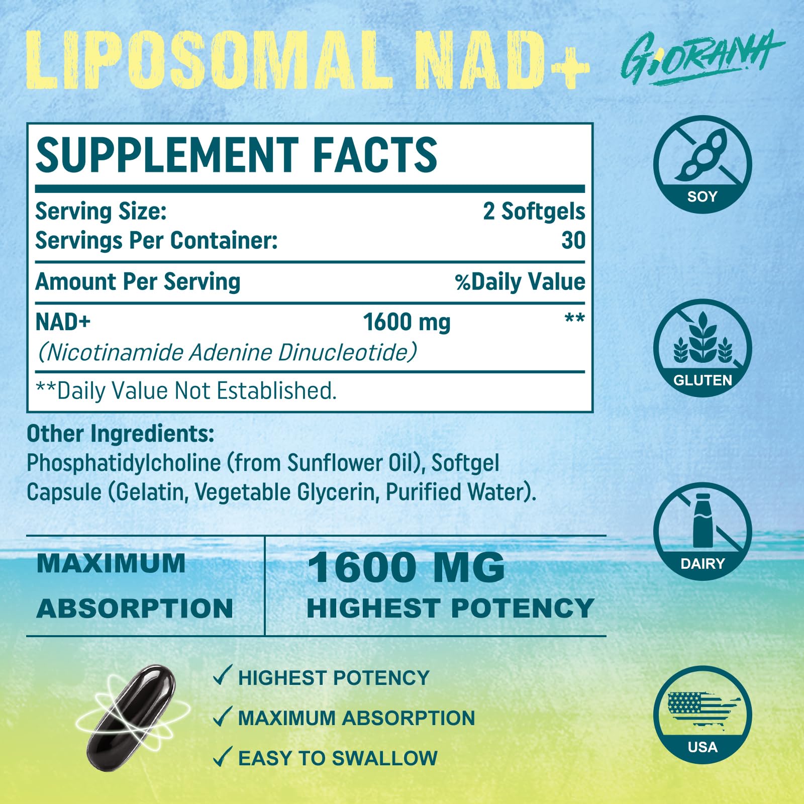 Paquete Giorana 1600 mg NAD+ liposomal 60 softgels