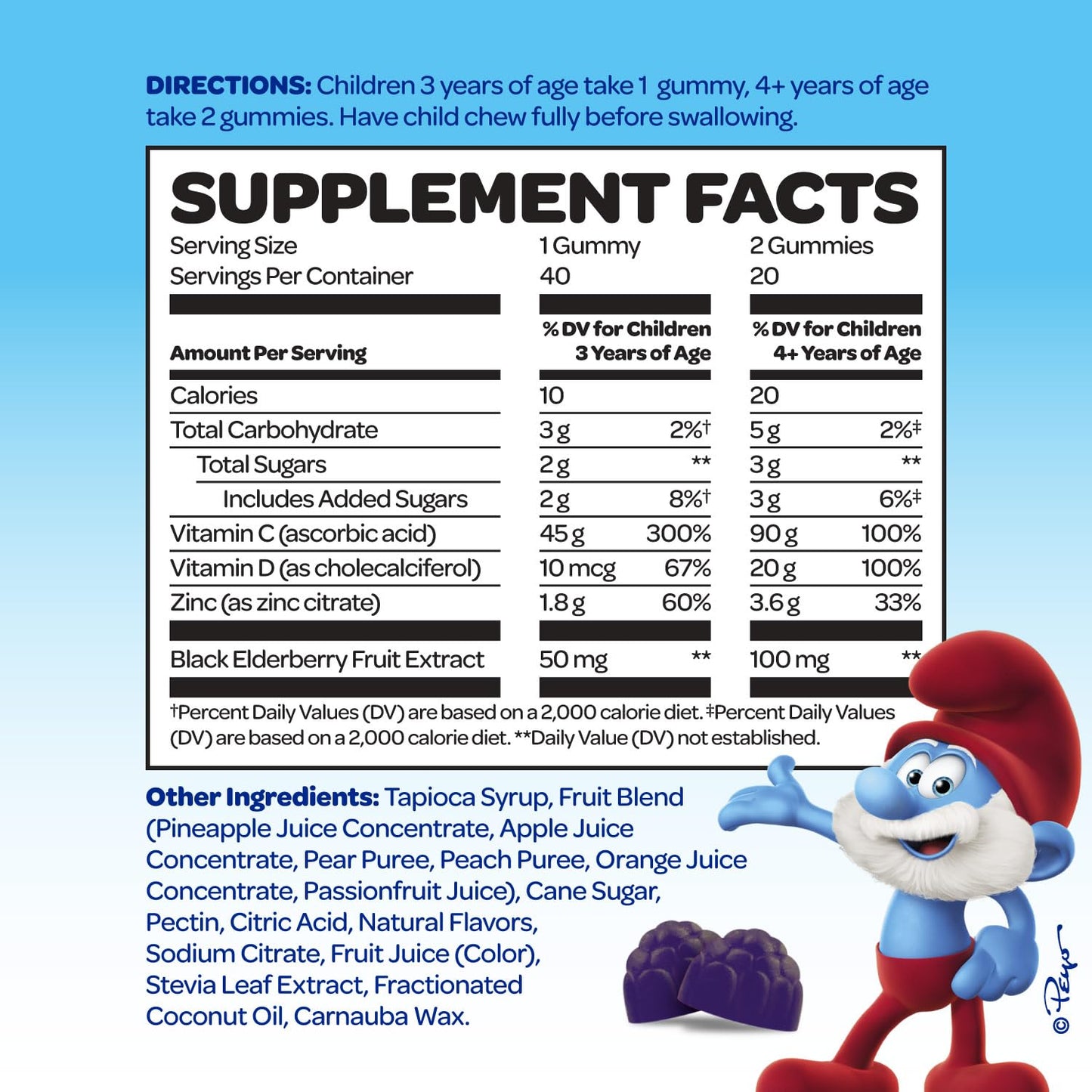 Paquete gomitas Smurfs con vitamina C D zinc y saúco