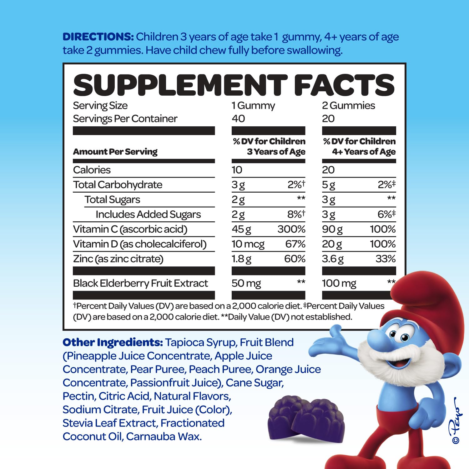 Paquete gomitas Smurfs con vitamina C D zinc y saúco