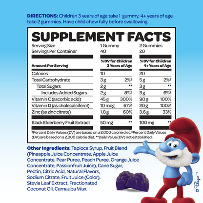 Paquete gomitas Smurfs con vitamina C D zinc y saúco