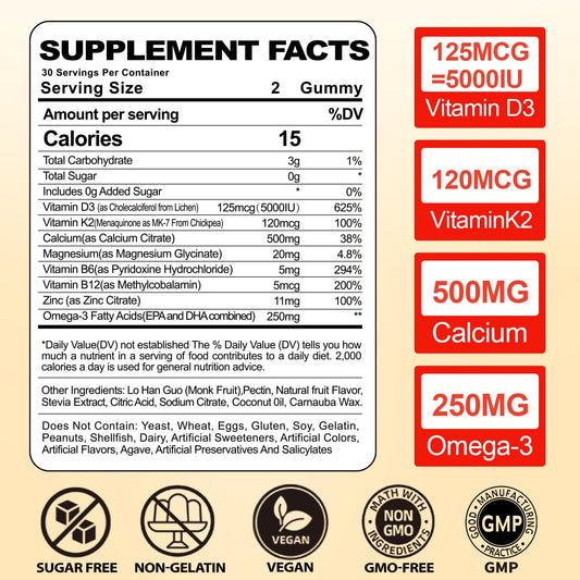 Paquete de gomitas vitamina D3 K2 con calcio y omega-3