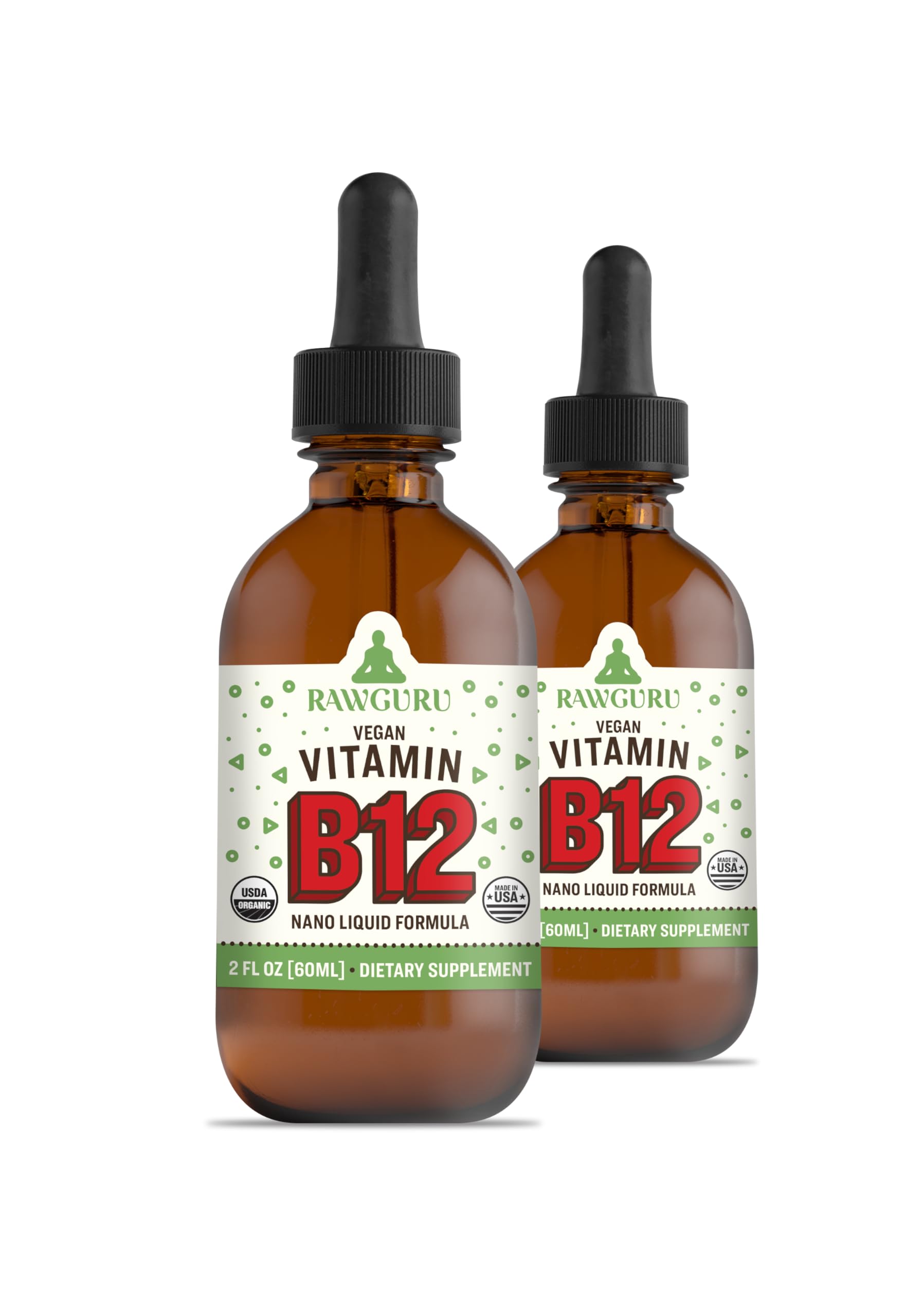 Paquete de dos gotas líquidas de vitamina B12 RawGuru orgánica vegana