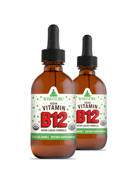 Paquete de dos gotas líquidas de vitamina B12 RawGuru orgánica vegana