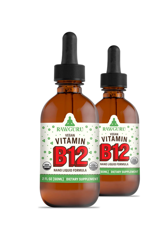 Paquete de dos gotas líquidas de vitamina B12 RawGuru orgánica vegana