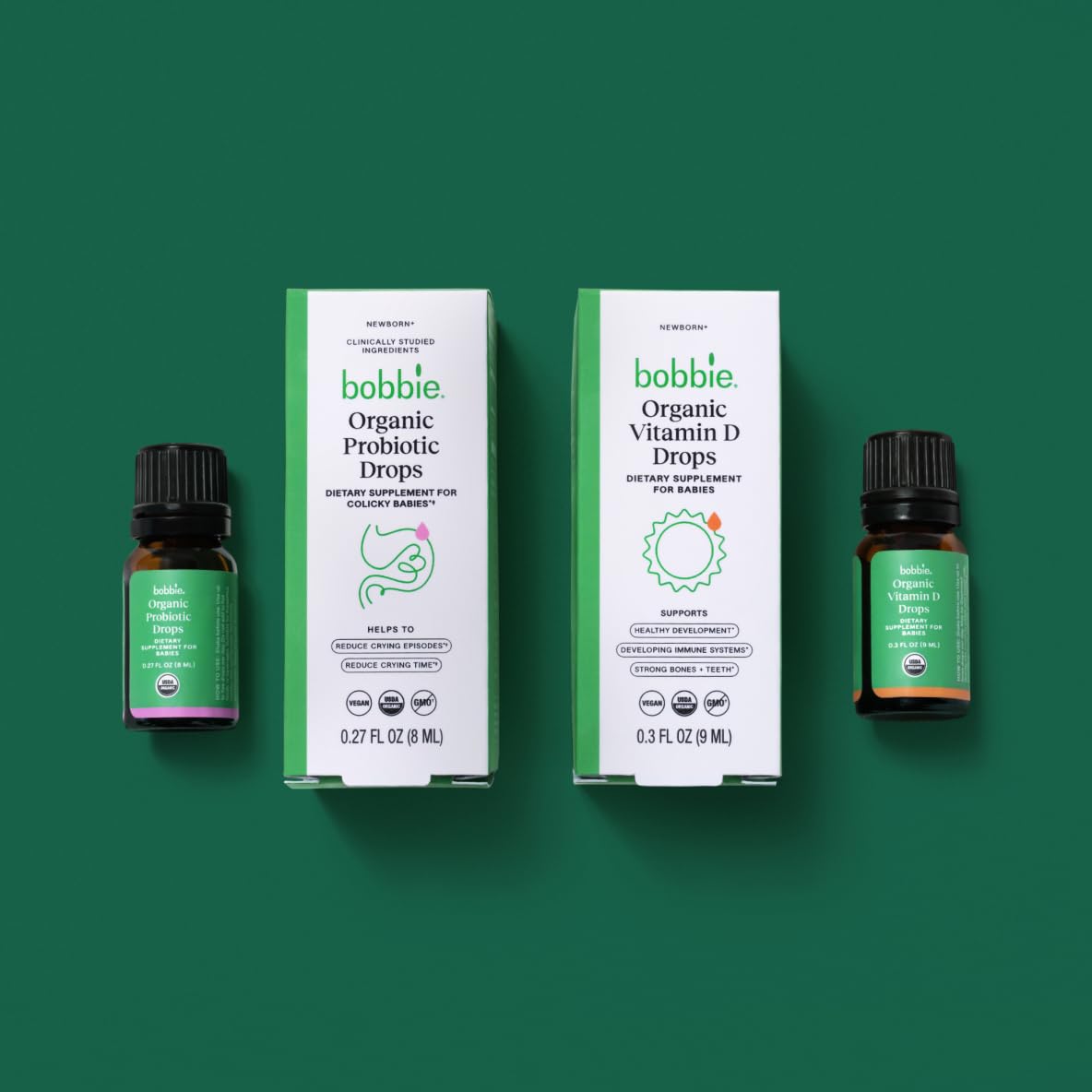 Paquete de gotas orgánicas Bobbie vitamina D y probióticos para bebés
