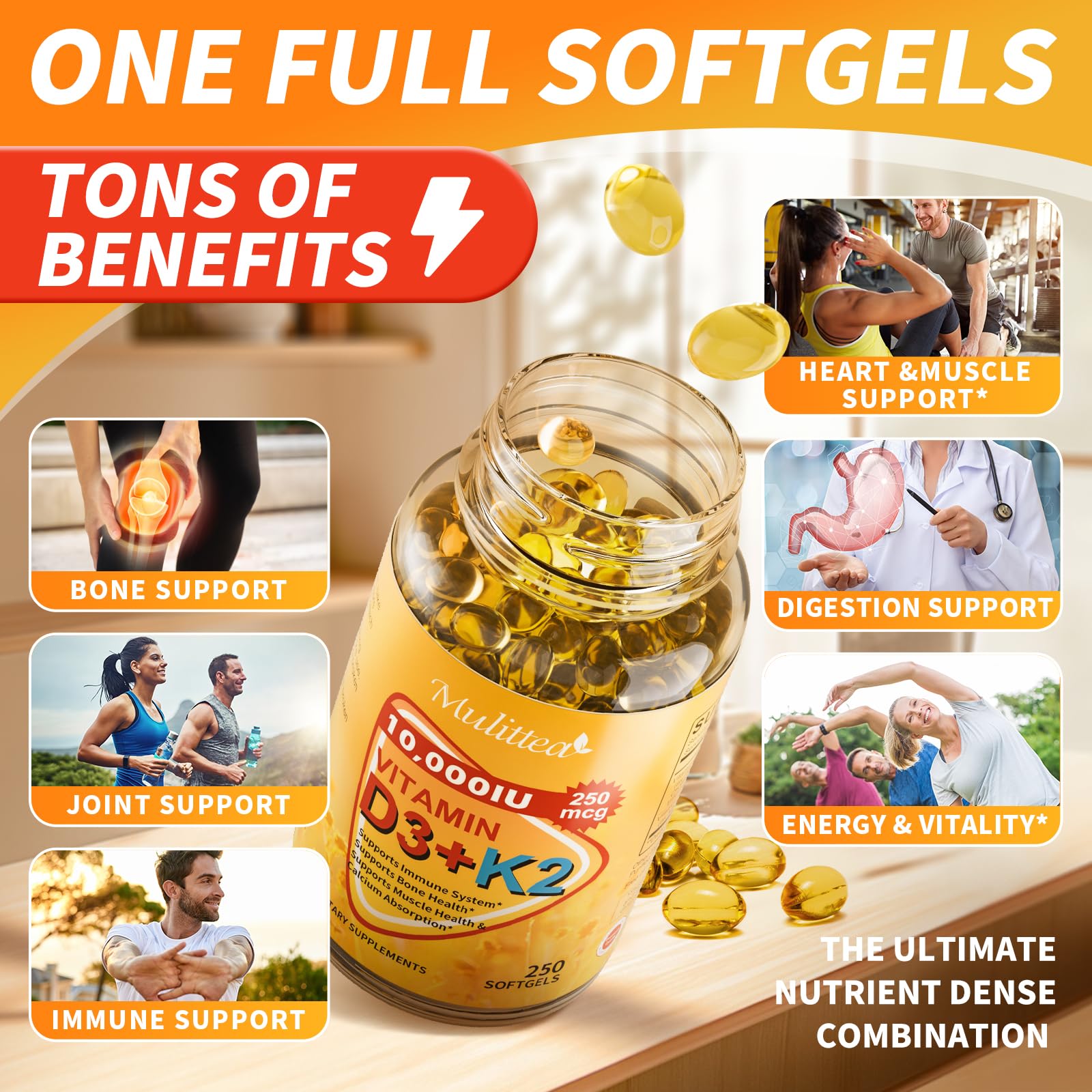 Paquete grande vitaminas D3 10000 IU y K2 MK7 con aceite MCT Mulittea